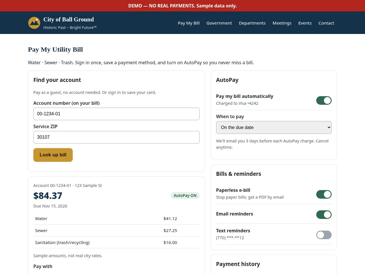 Online utility bill pay page concept
