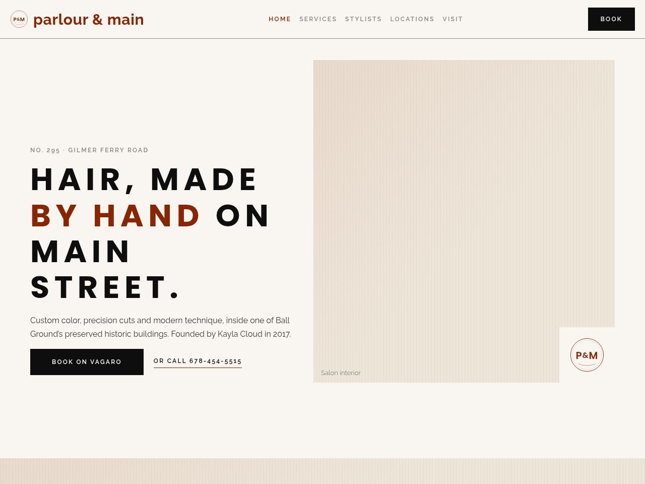 Parlour & Main salon website home page on desktop